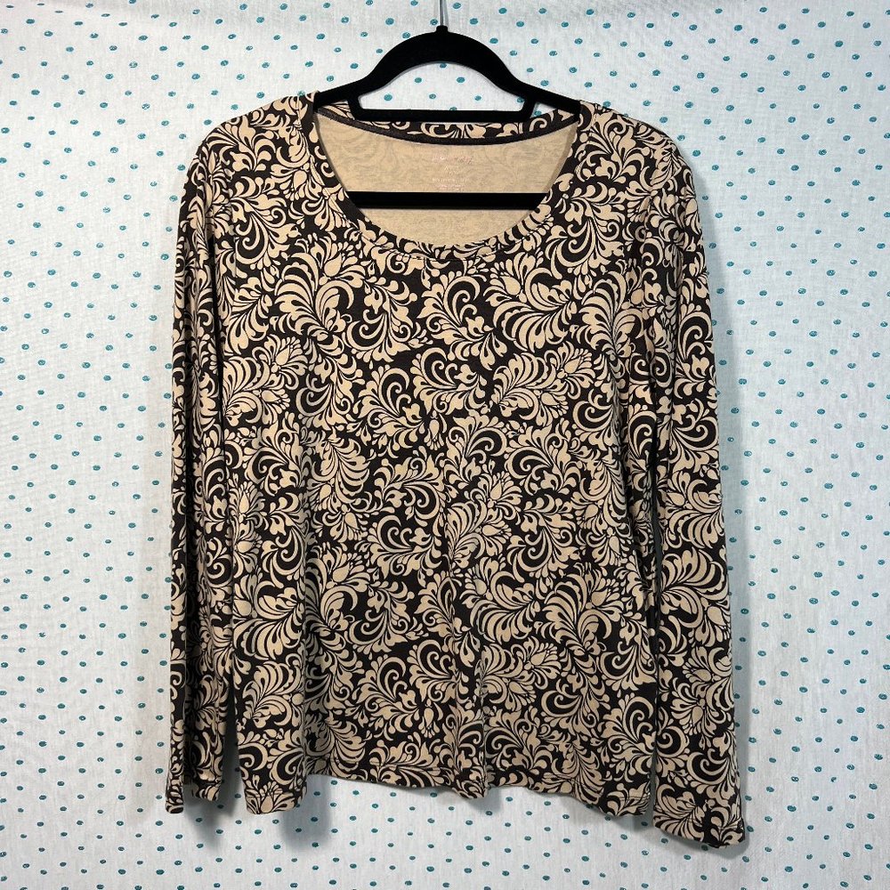 White Stag Plus Size Brown & Tan Floral Leaf Long Sleeve Crewneck Shirt